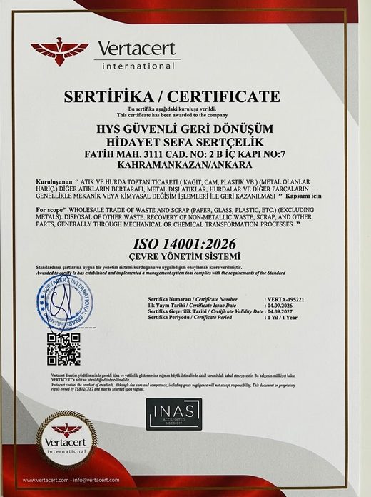 ISO 14001 Çevre Yönetim Sistemi belgesi